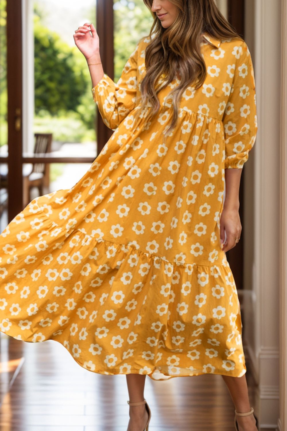 Floral Collared Neck Three-Quarter Sleeve Dress