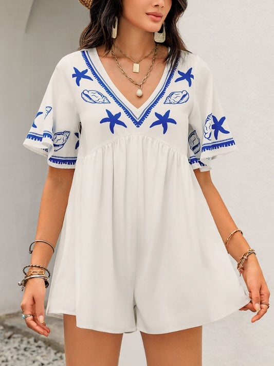 Printed V-Neck Half Sleeve Romper