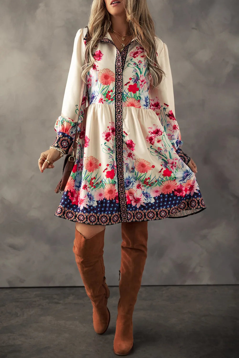 Flower Button Down Lantern Sleeve Dress