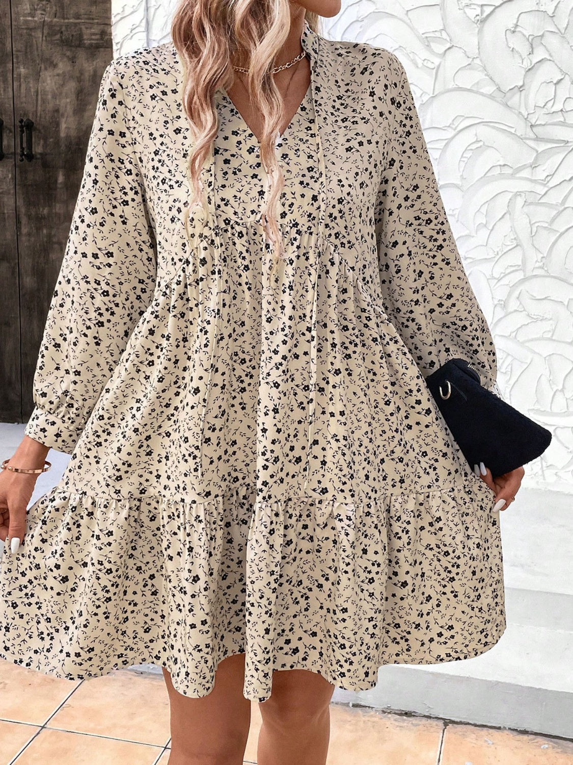 Tied Printed Long Sleeve Mini Dress