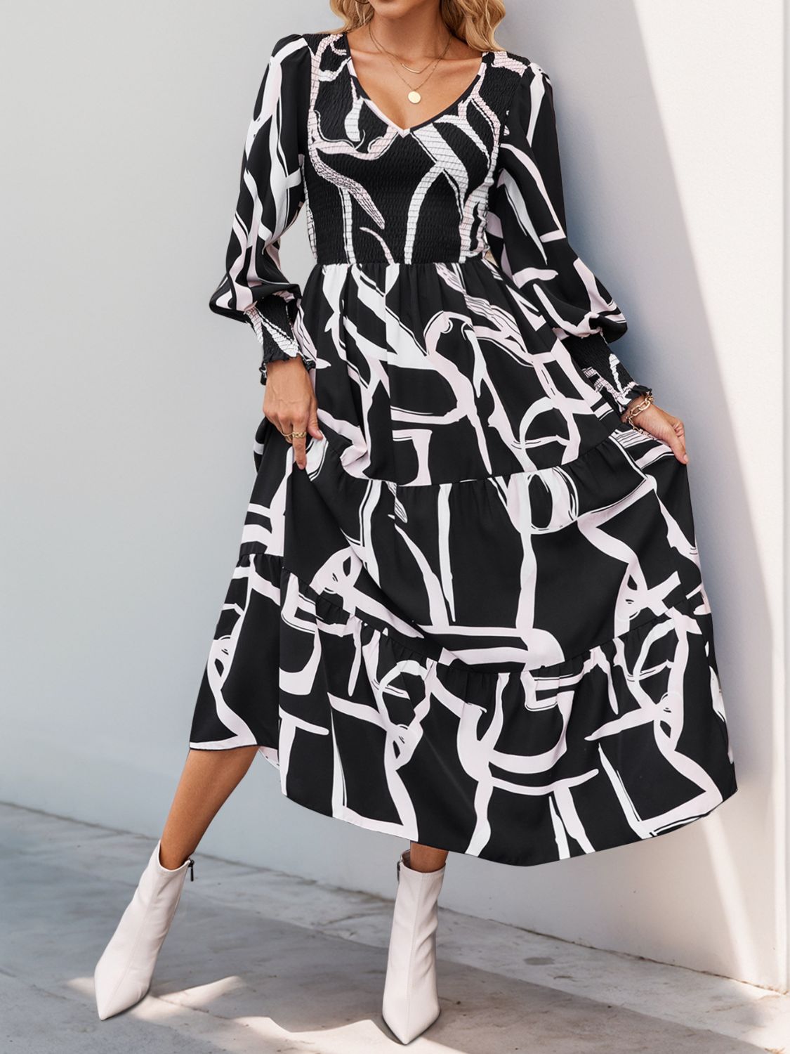 Perfee Smocked Printed Long Sleeve Midi Dress