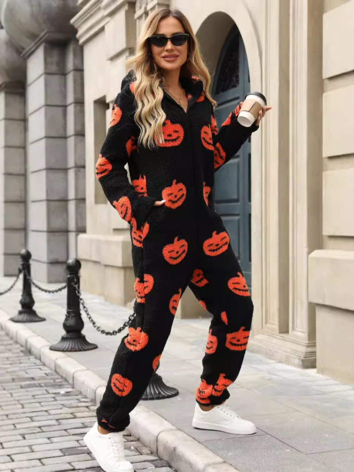 Fuzzy Pumpkin Half Zip Hooded Jumpsuit