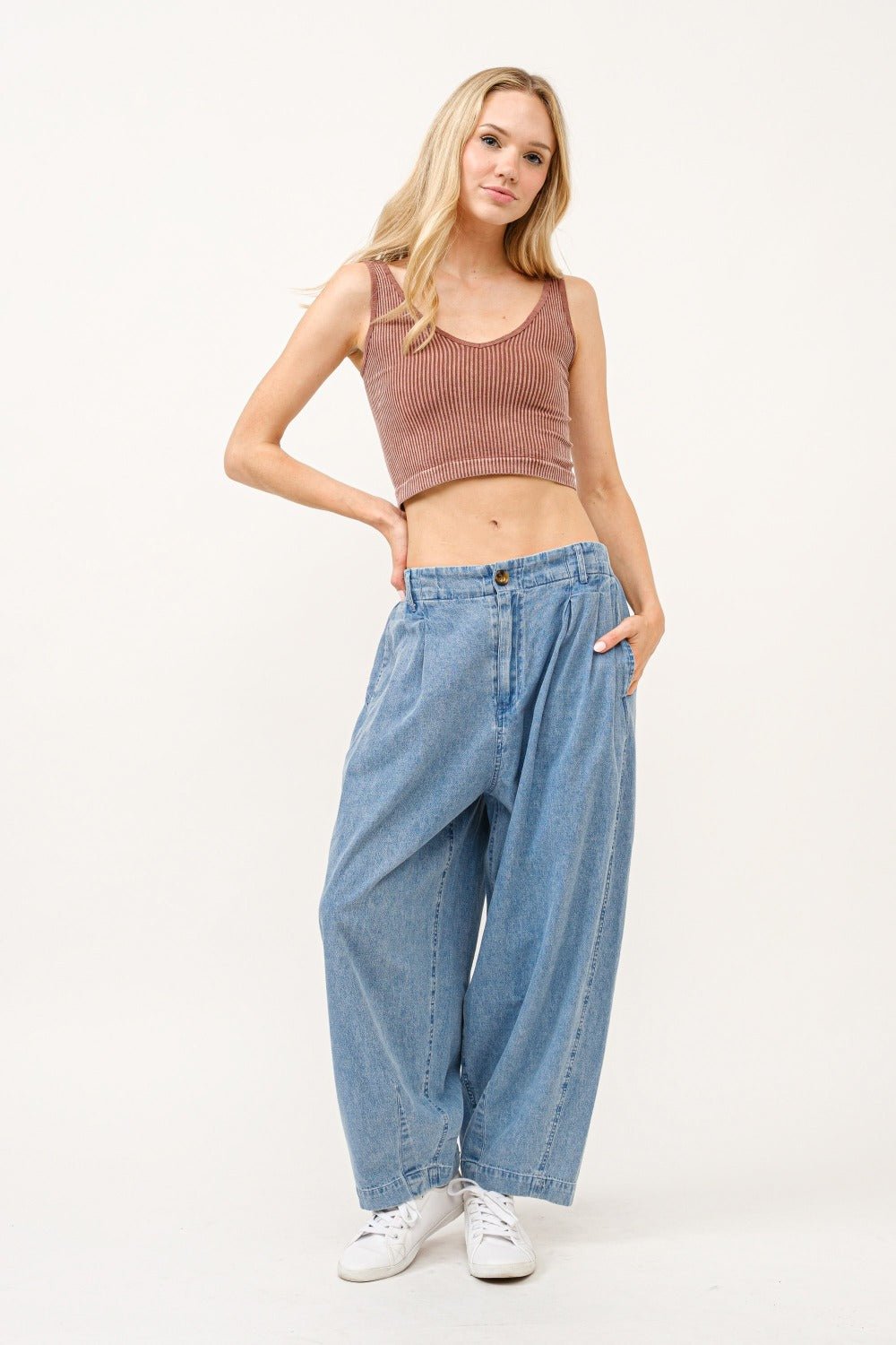 And The Why Elastic Back Pleated Baggy Jeans - Coastal Free Spirit