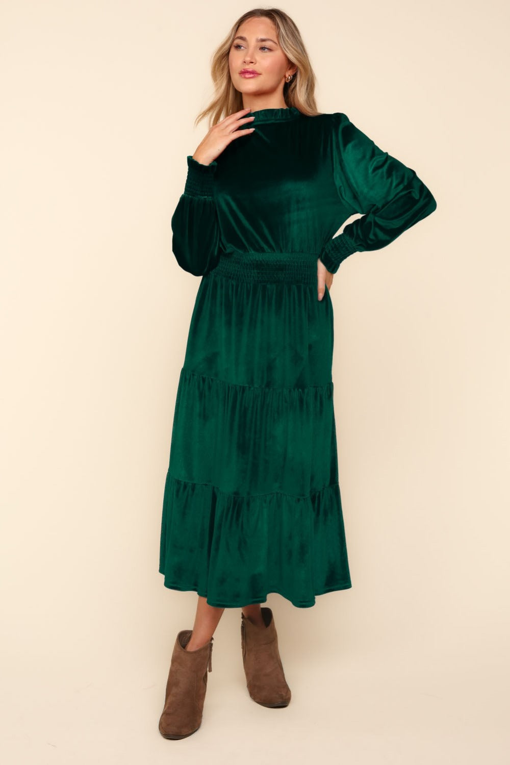 Haptics Mock Neck Smocked Waist Velvet Tiered Dress