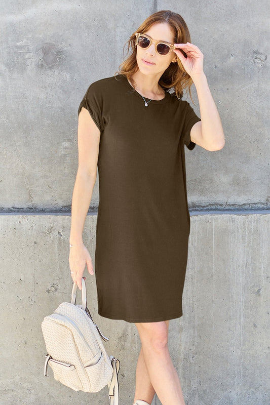 Basic Bae Full Size Round Neck Short Sleeve Dress with Pockets - Coastal Free Spirit