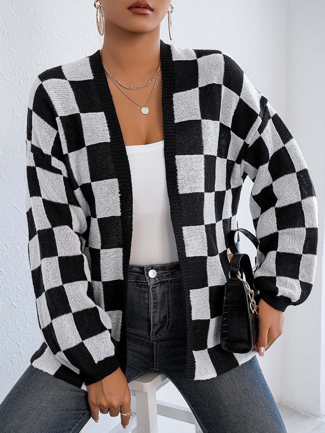 Checkered Open Front Long Sleeve Cardigan - Coastal Free Spirit