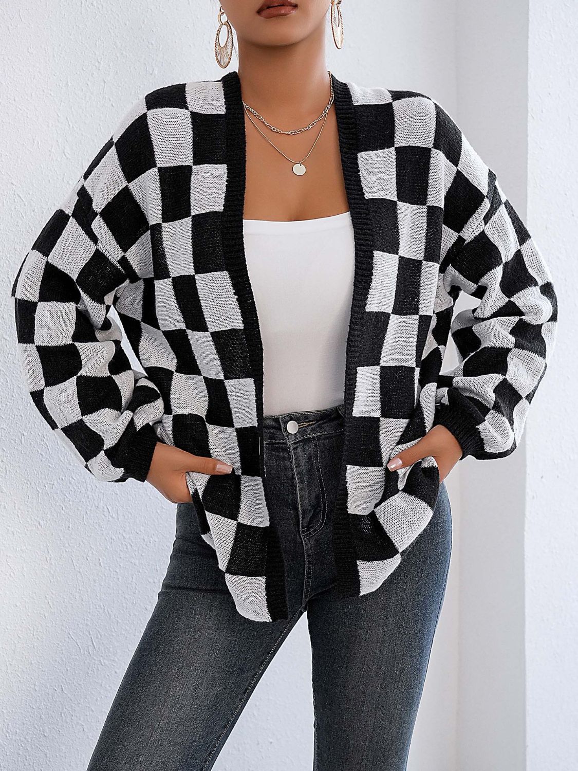 Checkered Open Front Long Sleeve Cardigan - Coastal Free Spirit