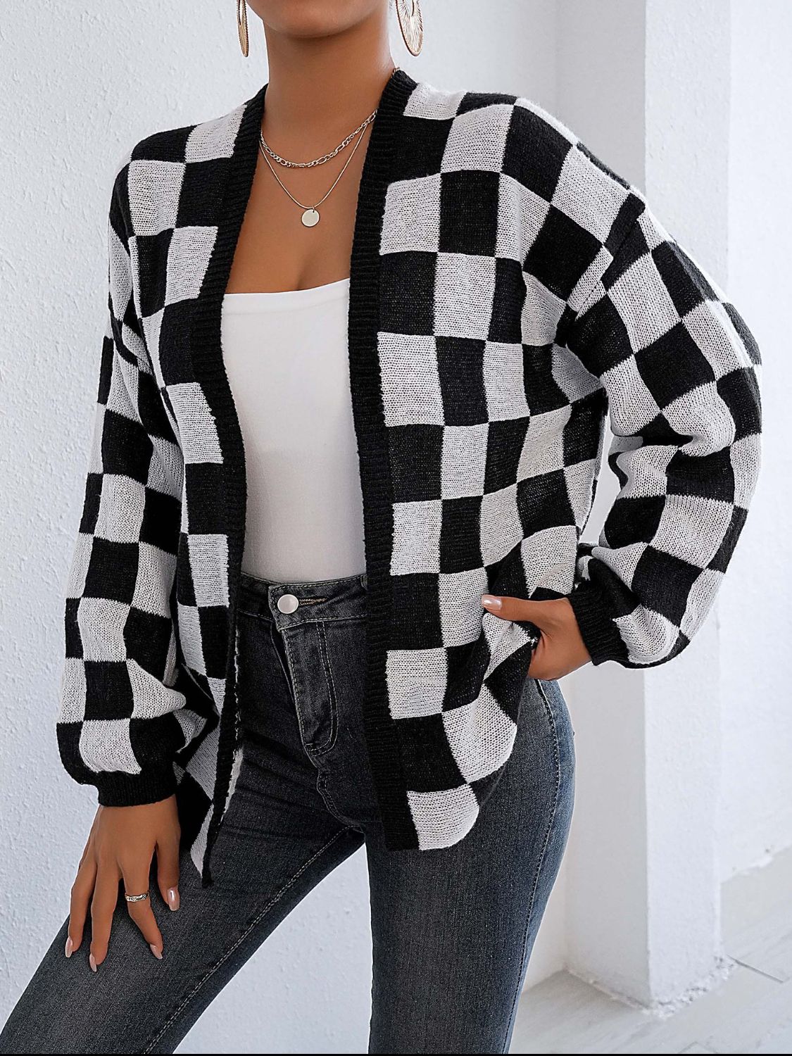 Checkered Open Front Long Sleeve Cardigan - Coastal Free Spirit