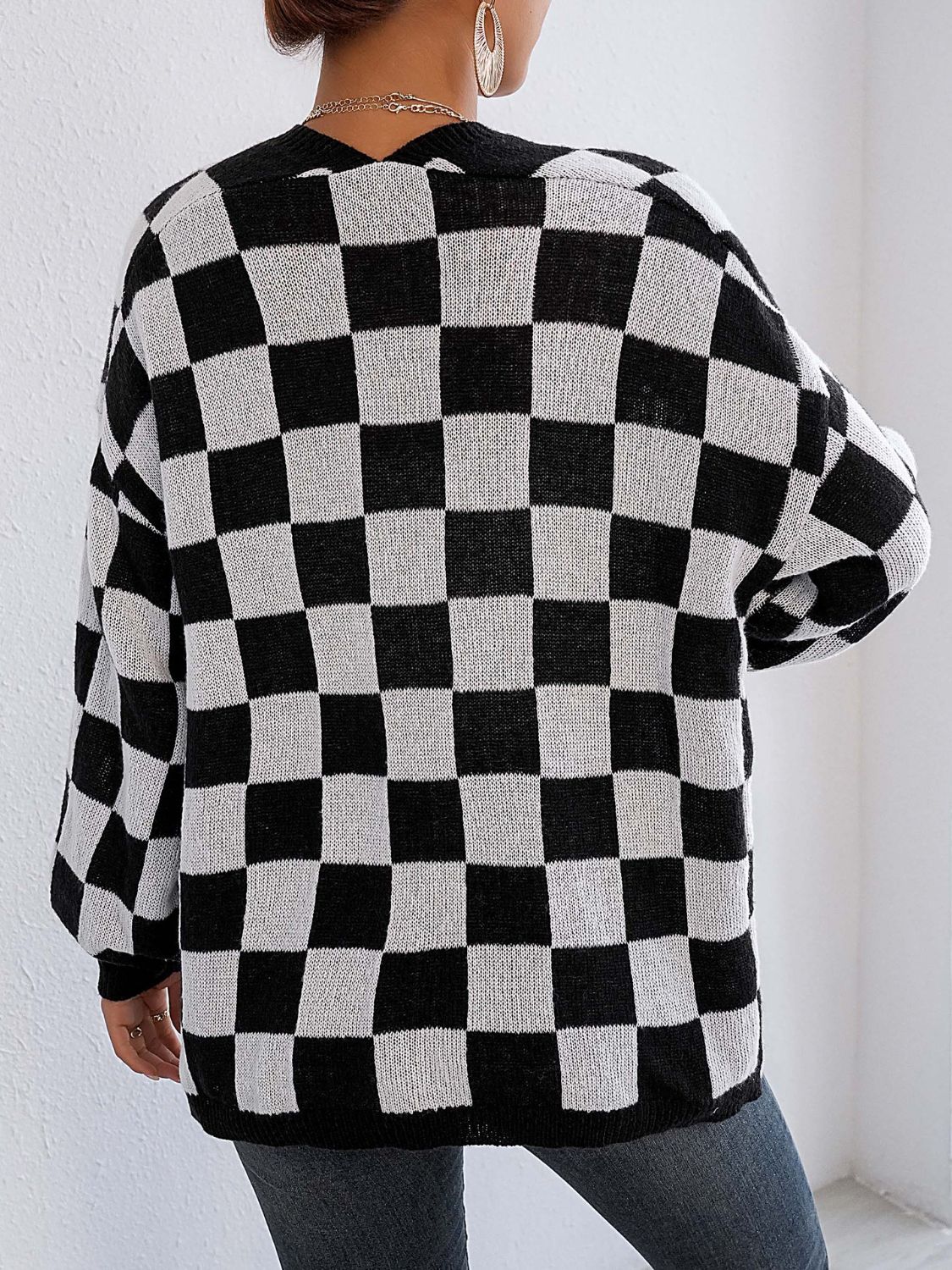 Checkered Open Front Long Sleeve Cardigan - Coastal Free Spirit