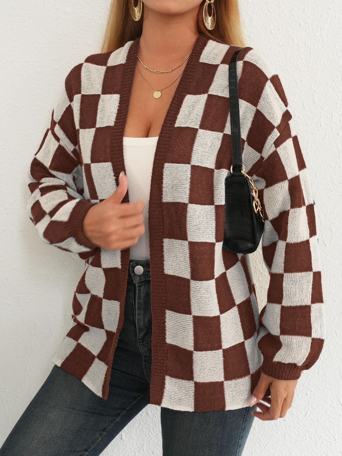 Checkered Open Front Long Sleeve Cardigan - Coastal Free Spirit