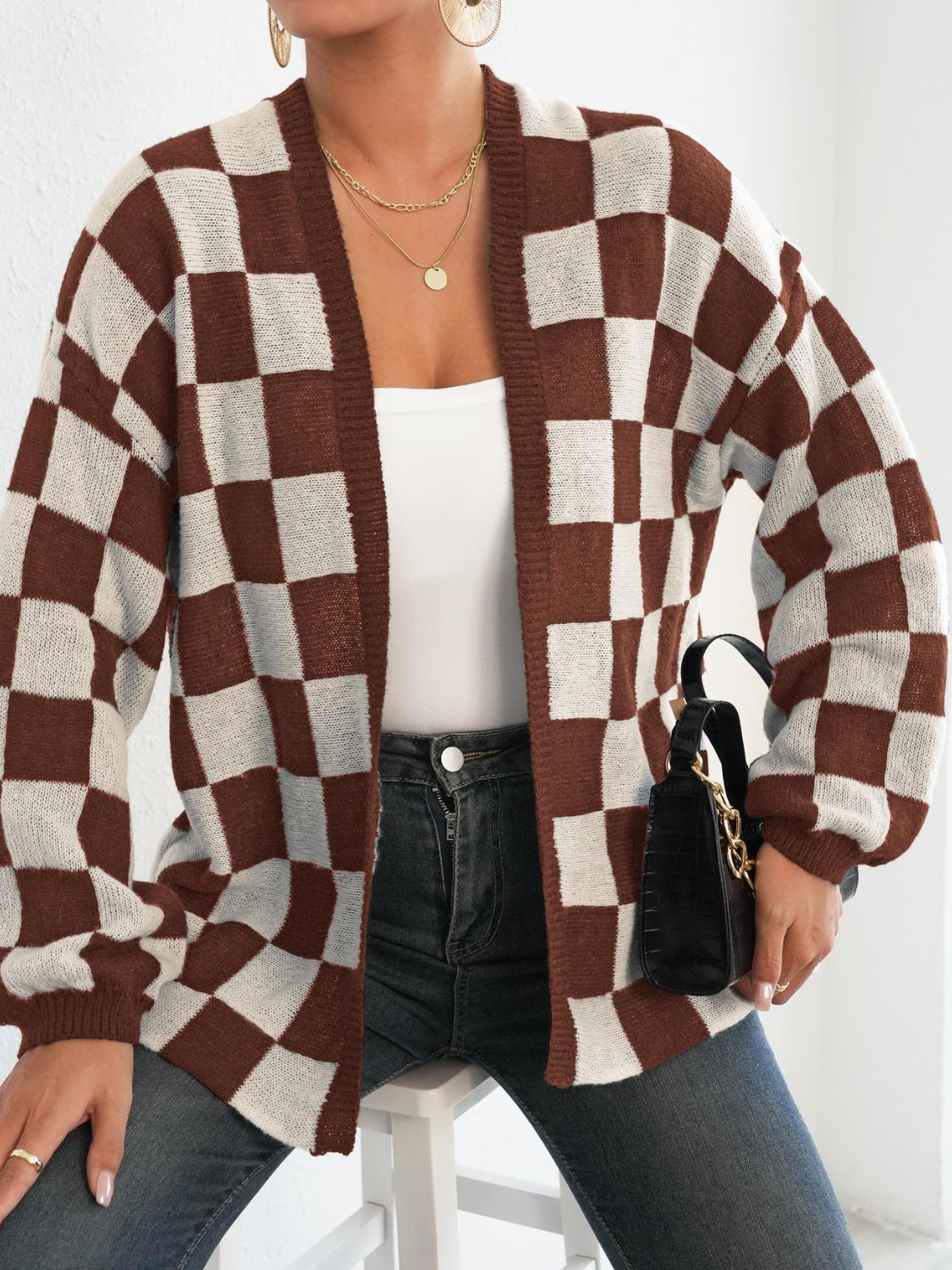 Checkered Open Front Long Sleeve Cardigan - Coastal Free Spirit