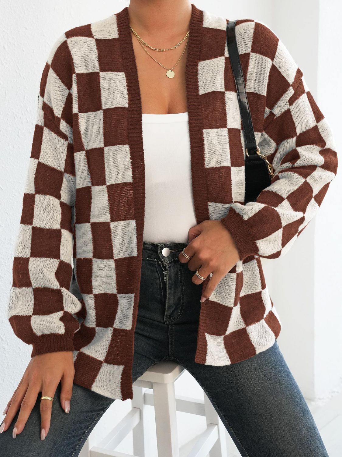 Checkered Open Front Long Sleeve Cardigan - Coastal Free Spirit