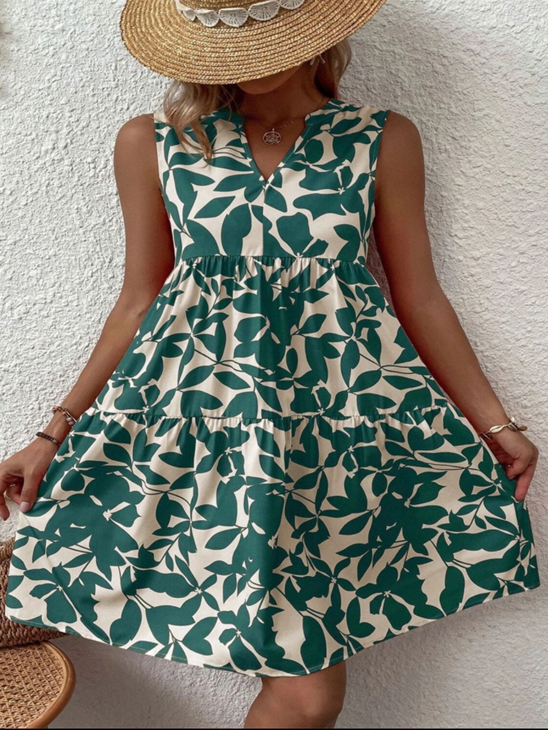 Printed Notched Sleeveless Mini Dress