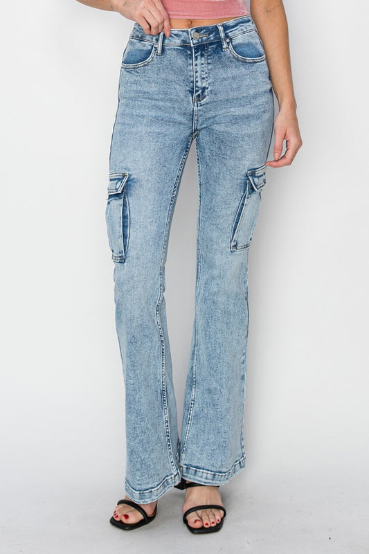 RISEN Full Size High Rise Cargo Flare Jeans