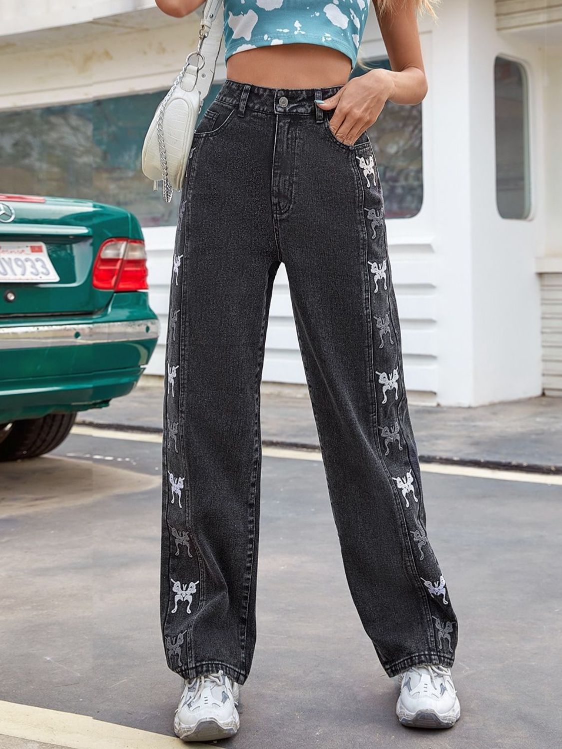 Embroidered Butterfly Jeans with Pockets